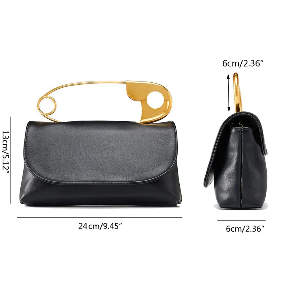 

Women Cool Large Pin Soft PU Leather Black Handbag Square Shoulder Messenger Bags Ladies Personality Chic Black Purse