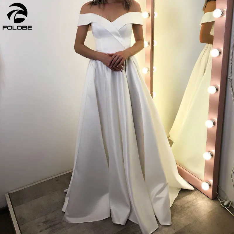 

2020 New Elegant Satin Wedding Dresses Off the Shoulder Sweetheart Lace-Up Simple Bridal Gown vestido de noiva Latest Design