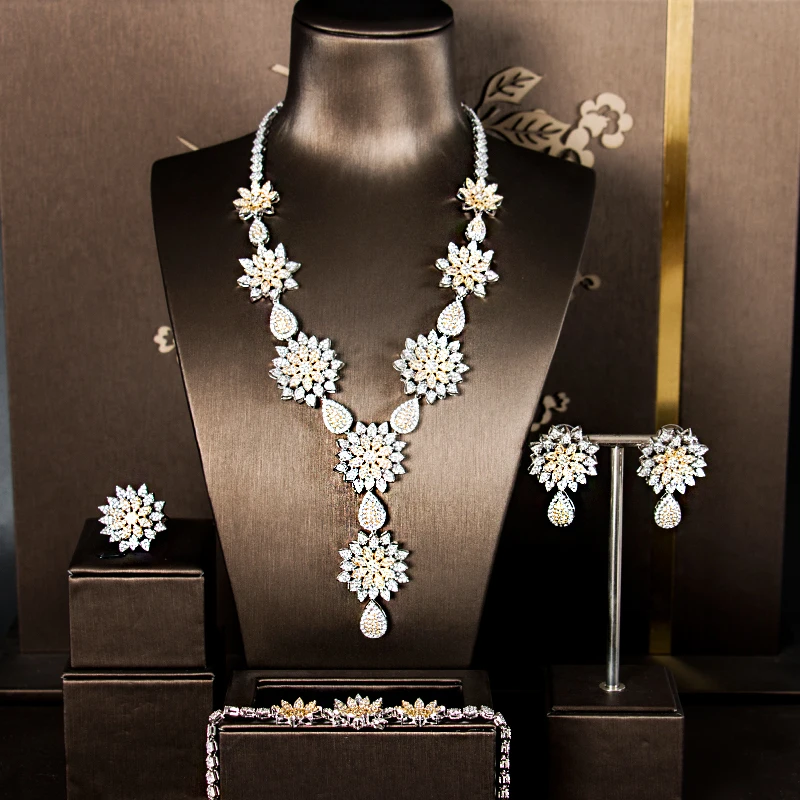 

Dazz супер люкс цветок женский свадебный Naija Свадебный кубический цирконий ожерелье серьги кольцо комплекты с браслетом Дубай 4 комплект ювел...