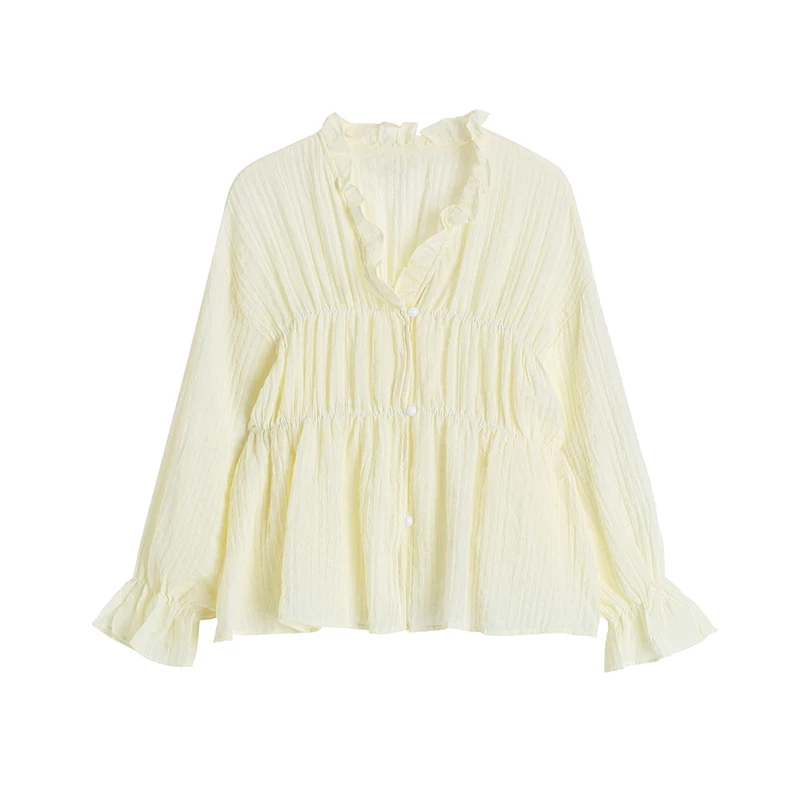 

2022 Autumn New Shirt Long Sleeve Single Breasted Ruffle Edge V-neck Female Korean Style Simplicity Casual Elegant Women Blouse
