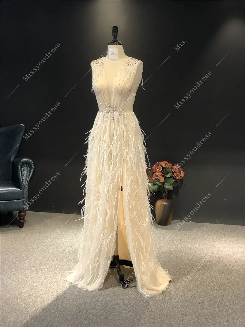 Vestidos de fiesta 2021 High Quality Customized Champagne Heavy Beadings V-neck Feathers Split Floor Length Prom Evening Dresses
