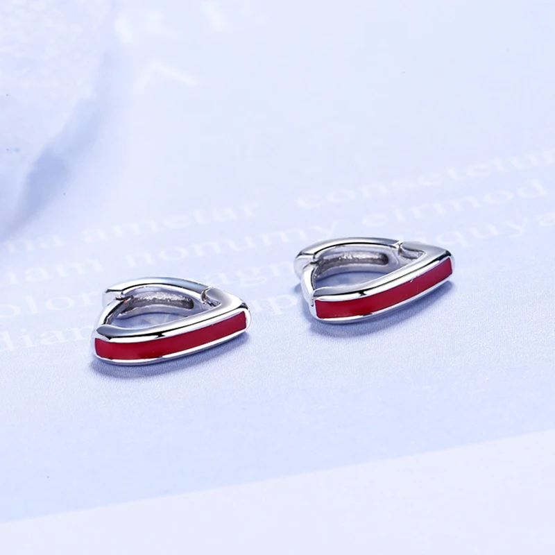 Серьги кольца из серебра 925 пробы с красной эмалью в форме сердца|Серьги-кольца| |