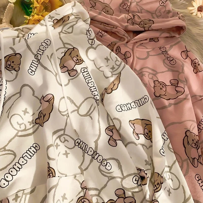 

QWEEK Kawaii Bear Print Oversized Hoodies Women Japanese Harajuku Soft Girls Sweatshirt Long Sleeeve Tops Alt Cute Clothes 2021