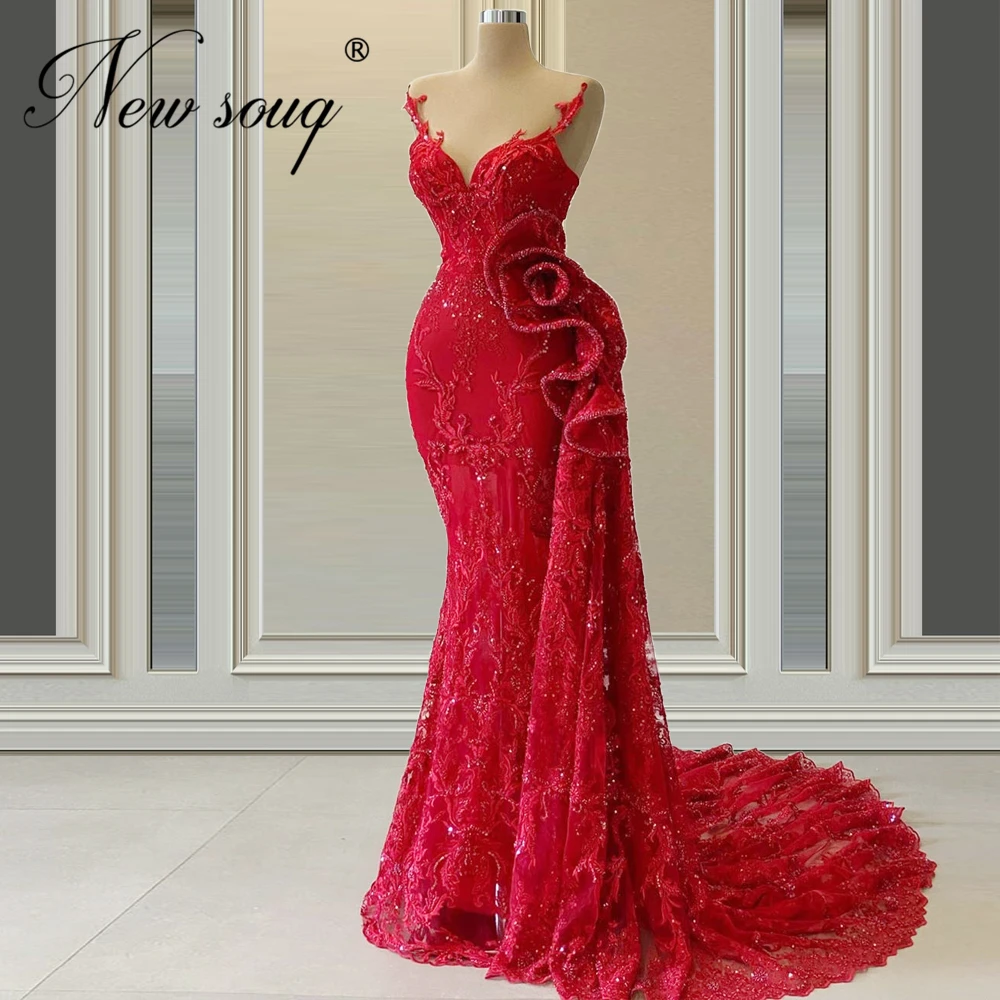 

Saudi Arabia Red Evening Gown Mermaid Sweep Train Dress Dubai Couture Beaded Red Capret Gown 2020 Turkish Robe Long Prom Dresses