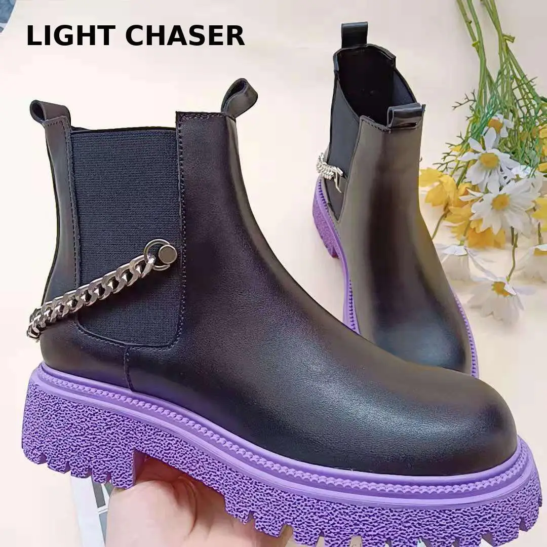 

Top Quality Leather Shoes Women Ankle Boots Autumn Winter Chelsea Boots Square Heel Platform Shoes Woman Flat Chain Short Boots