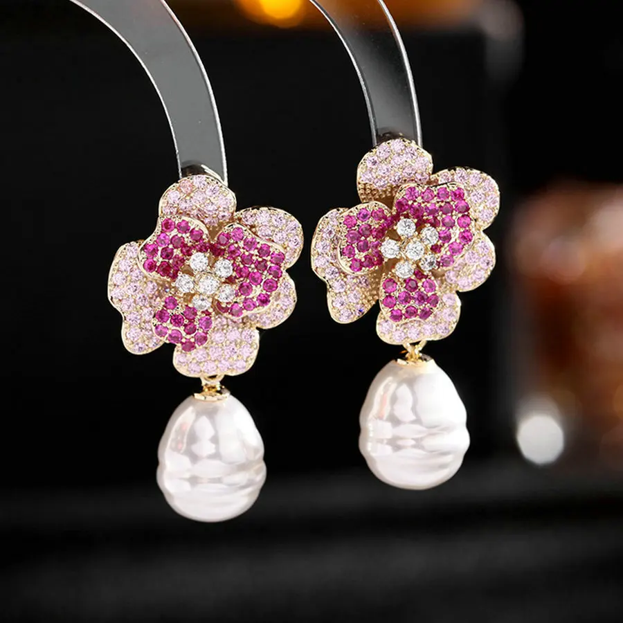 

1 Pair Luxury Cubic Zircon Flower Drop Earrings Fake Pearl Tassel Earrings for Women Party Accessories Gift