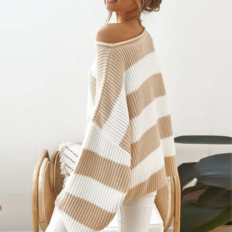 Женский полосатый свитер в стиле оверсайз повседневный Свободный пуловер с