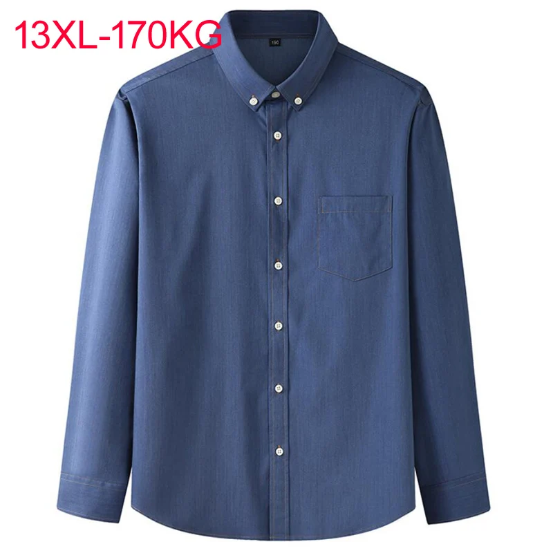 Autumn Plus Large Size 13XL 7XL 6XL 4XL Mens Business Casual Long Sleeved Shirt Classic Imitation denim Male Dress Shirts Blue