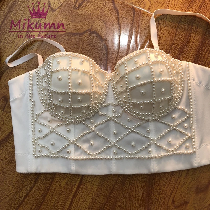 Черный белый жемчуг Bralet Corselet женский ночной клуб вечерние бюстье бюстгальтер обрезанный Топ Плюс Размер Camis Mujer