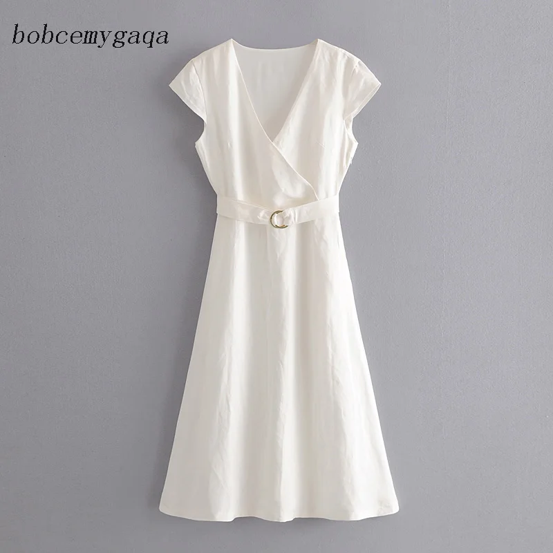 Женское элегантное льняное платье белого цвета Летнее Длинное с коротким