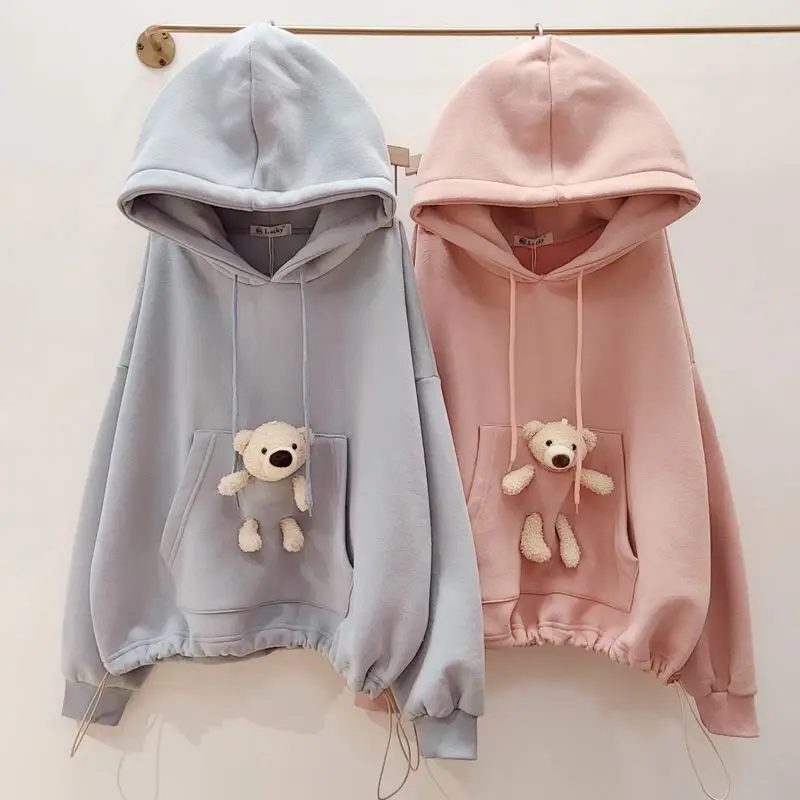 

Women Hooded sweatshirts bear pocket Harajuku all-match 2021 spring autumn new oversized hoodie jacket thin women's clothing
