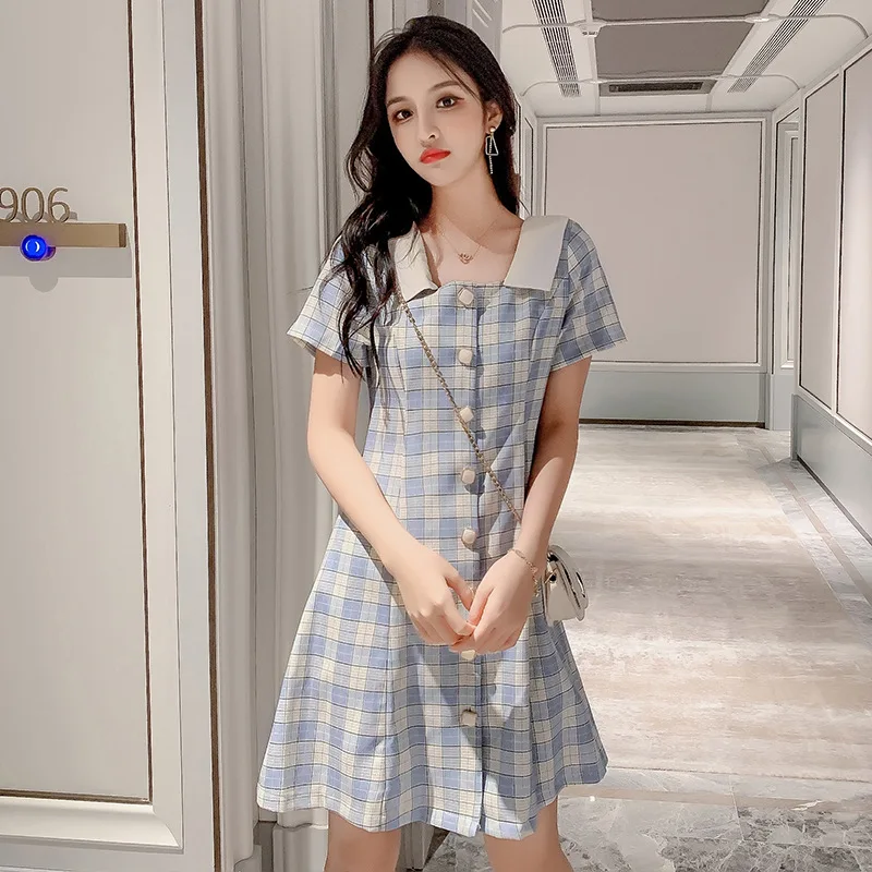 

2021 Summer New Net Red Wind Plaid Skirt Short Sleeve Dress for Women