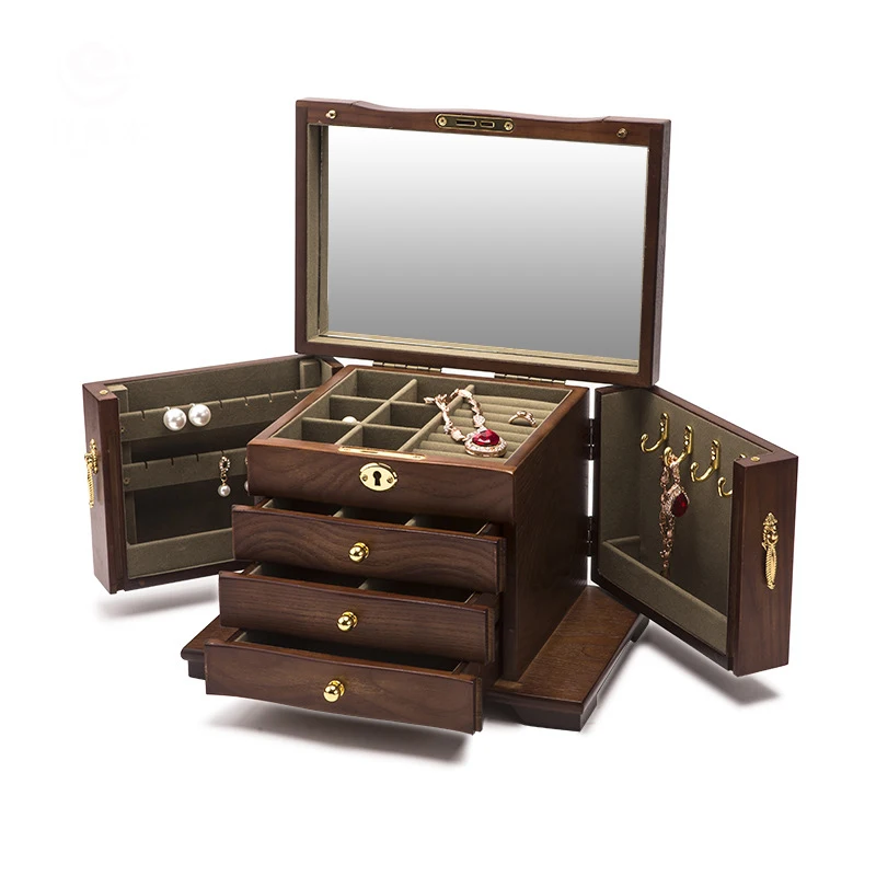 

4 layer luxury fashion women wooden jewlery box brown color women jewelry Portable Storage Organizer 200806-32