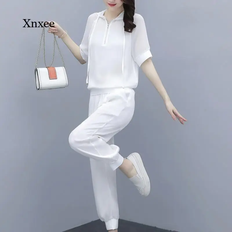 

2021 Summer Ladies Suit Casual Sports Fashion Suit Solid White Hooded Top + Straight Pants Suit