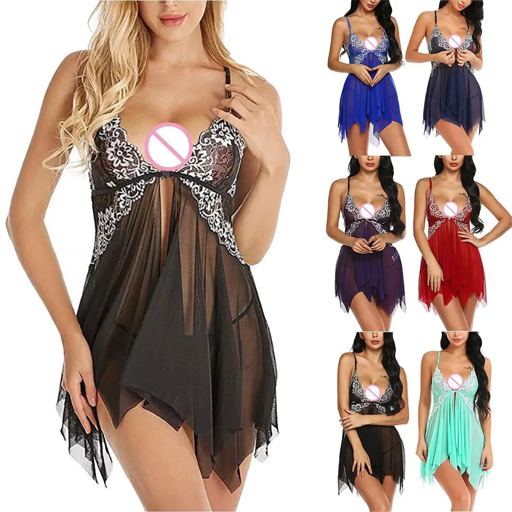 Women Sexy Lingerie Nightdress Mesh Lace Patchwork Slips Babydoll Sleepwear Female High Waist Sling Erotic Nightgown | Тематическая