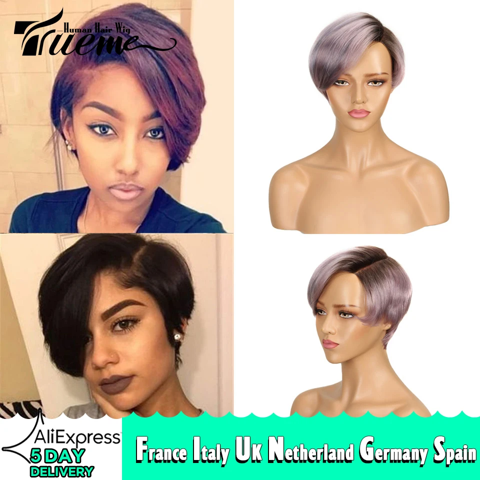 Trueme Pixie Cut Bob Human Hair Wigs Ombre Blonde 613 Purple Red Human Lace Wig For Women Remy Brazilian Hair L Part Lace Wig