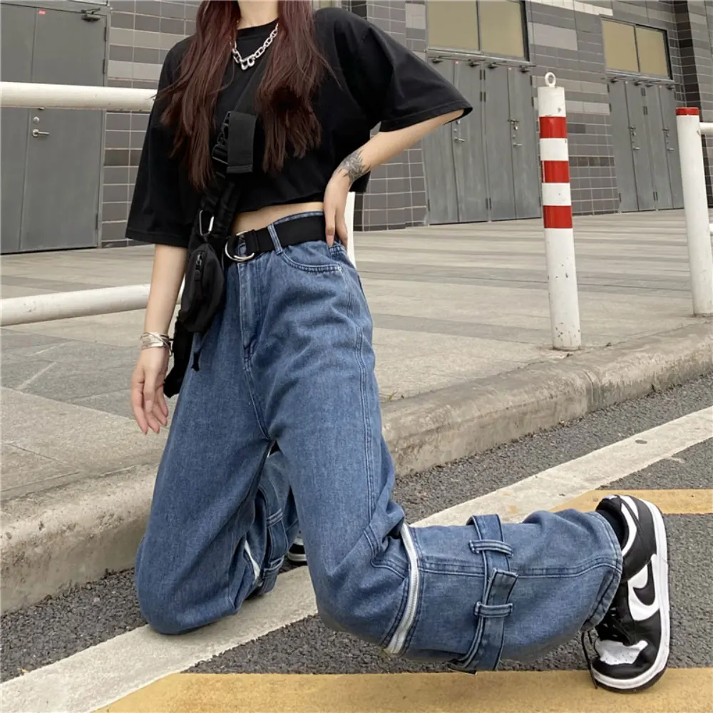 

ZOTTSOZ Detachable High Waist Fashion Jeans Women Casual Streetwear Straight Loose Denim Trousers Harajuku Wide Leg Long Pants