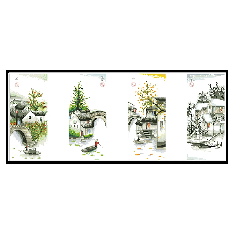 

Four Seasons in Water Village Paintings On Canvas Counted Cross Stitch Kits for Embroidery 11CT 14CT Home Decor Needlework Sets
