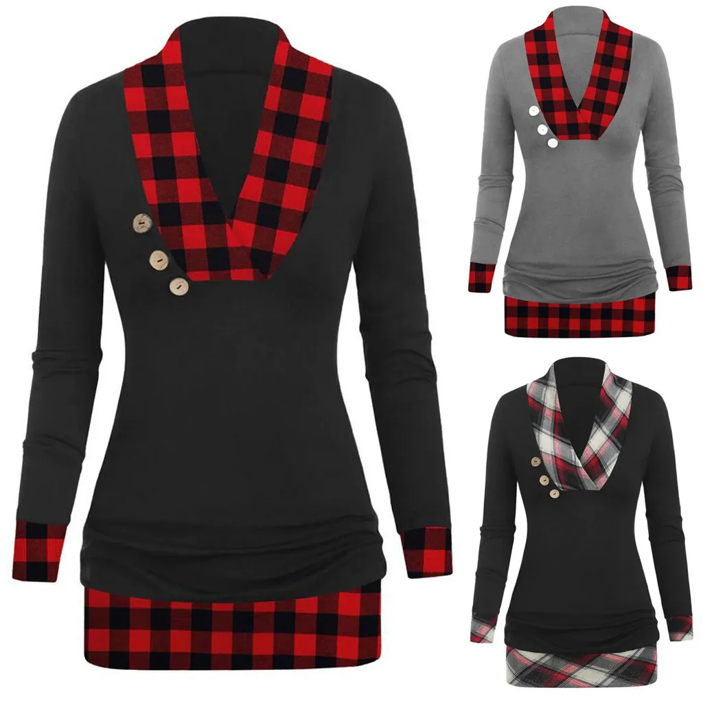 Женская винтажная Блузка в клетку на пуговицах с v образным вырезом длинным