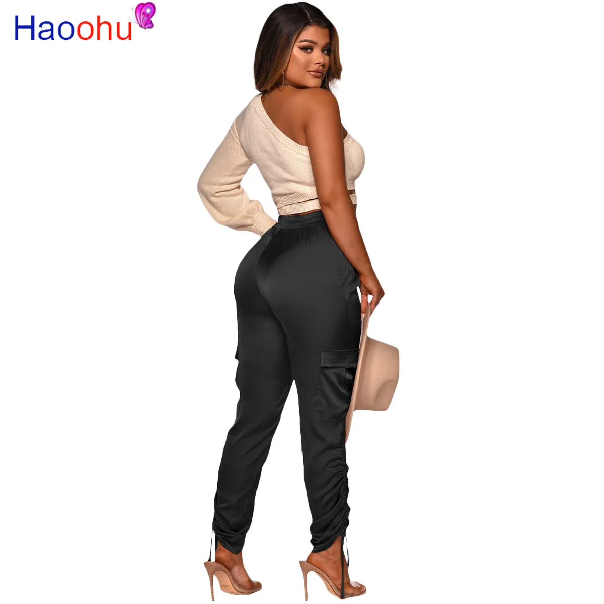 

HAOOHU Autumn Pocket Stacked Women Pants High Waist Activewear Ruched Trouser Sporty Jogger Skinny Sweatpants