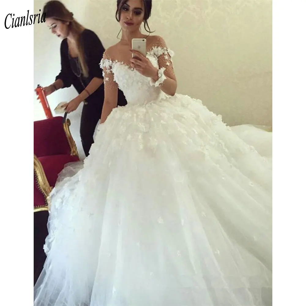 

Elegant Illusion Long Sleeve Handmade Flowers Dubai Saudi Arabic Ball Gown Wedding Dress Beading Appliques Lace Bridal Gown
