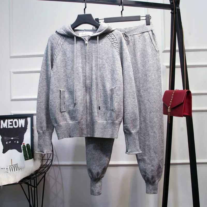 

Женский спортивный костюм из двух предметов, трикотажный свитшот на молнии с капюшоном и брюки, весна 2020