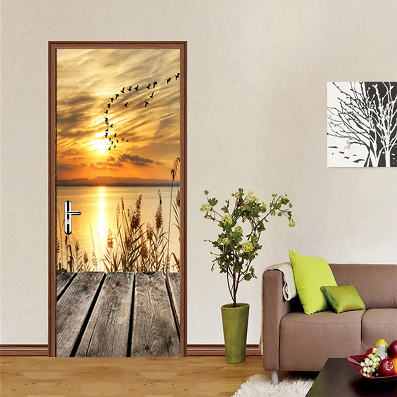 

PVC Door Sticker 3D Wooden Bridge at Dusk Landscape Photos Wallpaper Home Mural Decals Living Room Bedroom Self-Adhesive Poster
