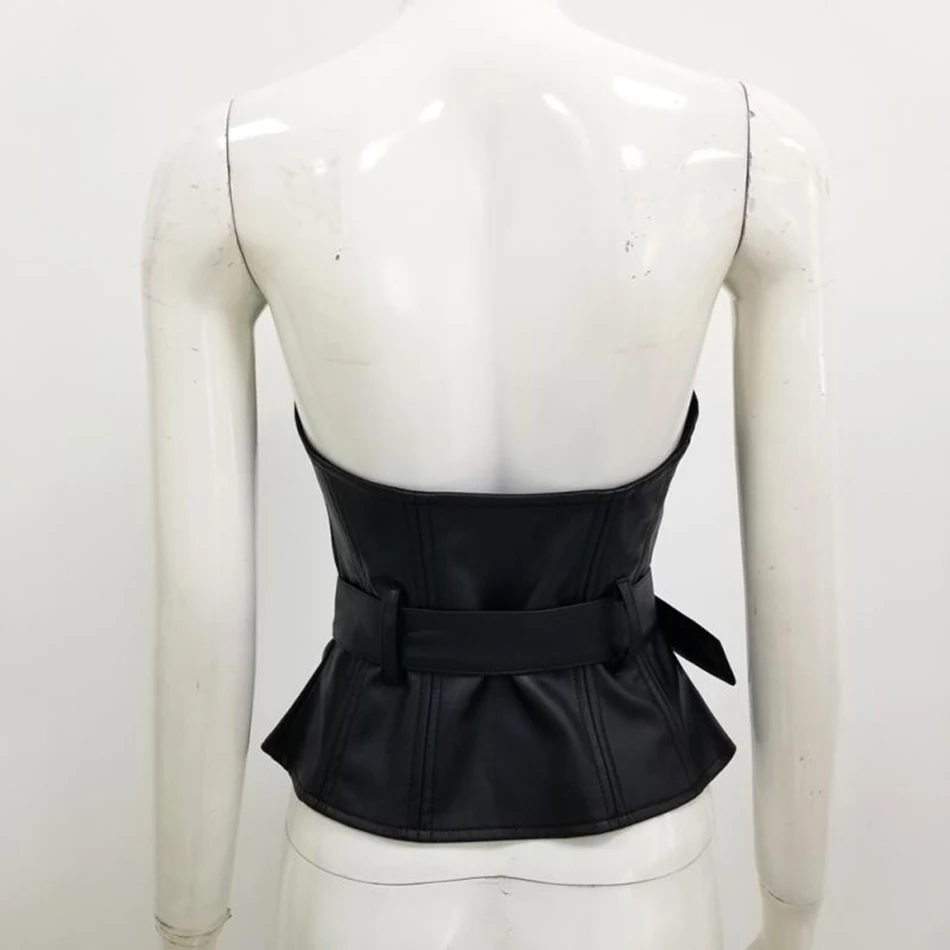 

Ailigou New Summer Fashion Sexy Strapless Backless Black Leather Top 2021 Celebrity Designer Fashion Top
