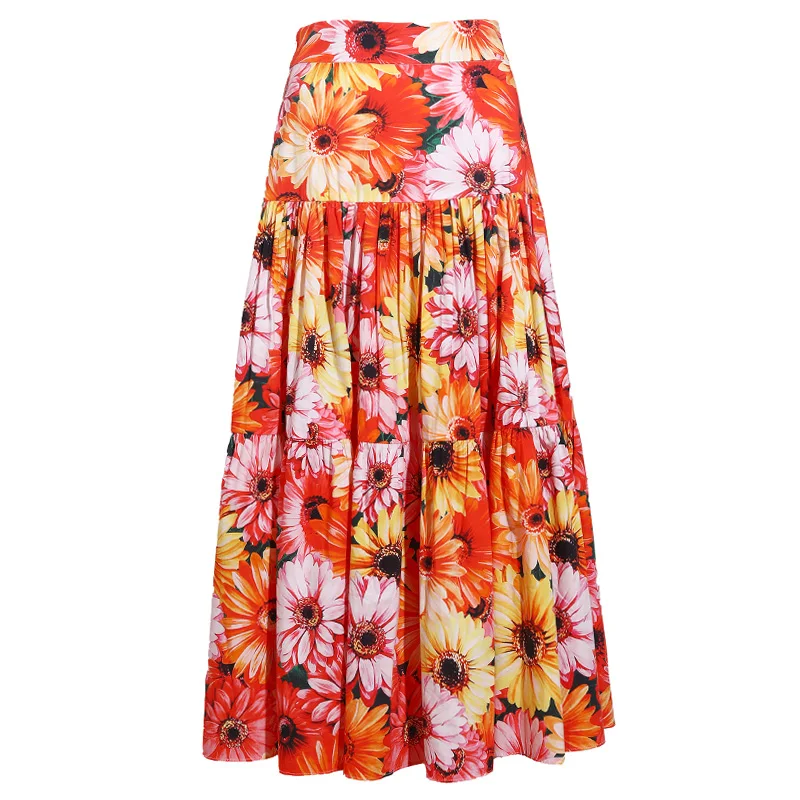 

Женская подиумная юбка из 100% хлопка, Элегантная универсальная юбка из поплина для отпуска с принтом подсолнухов, лето 2021