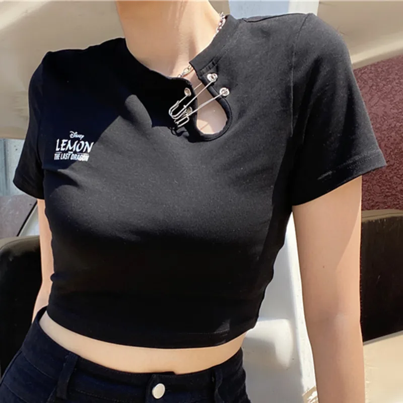 

XUXI Women Personalized Short T-shirt Black Round Neck Print Short-sleeved TShirt Cropped Summer 2021 E2848