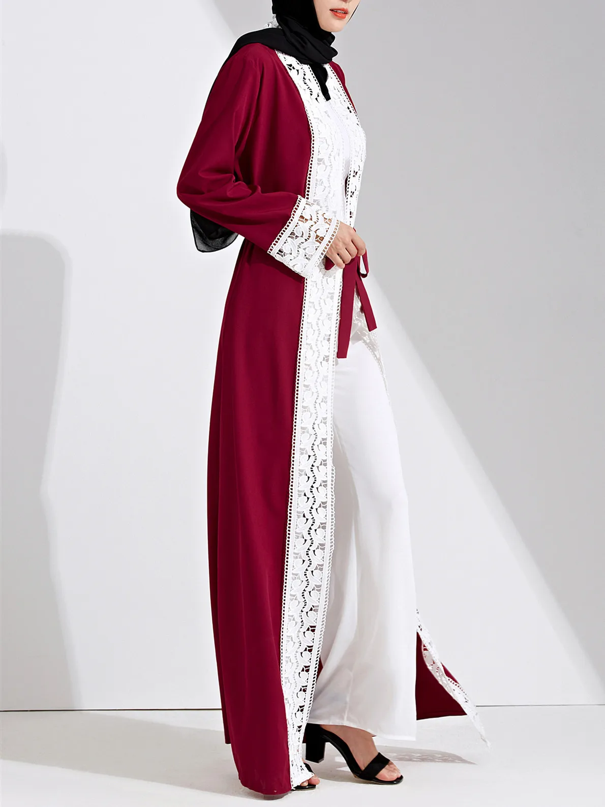 

Islamic Fashion Women Stitching Lace Kimono Robe Modest Dress Long Elegant Cardigan Muslim Clothing Front Open Abaya