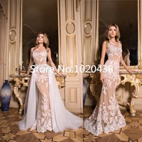 sexy 2018 sheer neck champagne mermaid lace appliques removable skirt prom gown off the shoulder mother of the bride dresses