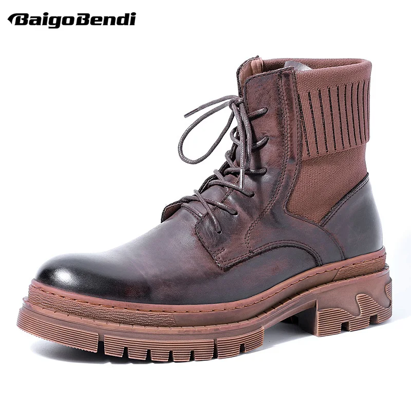 

MUST HAVE ! Winter Cool Boots Men Genuine Leather Motorcycle Boots Trendy Lace Up Man Shoes Heighten
