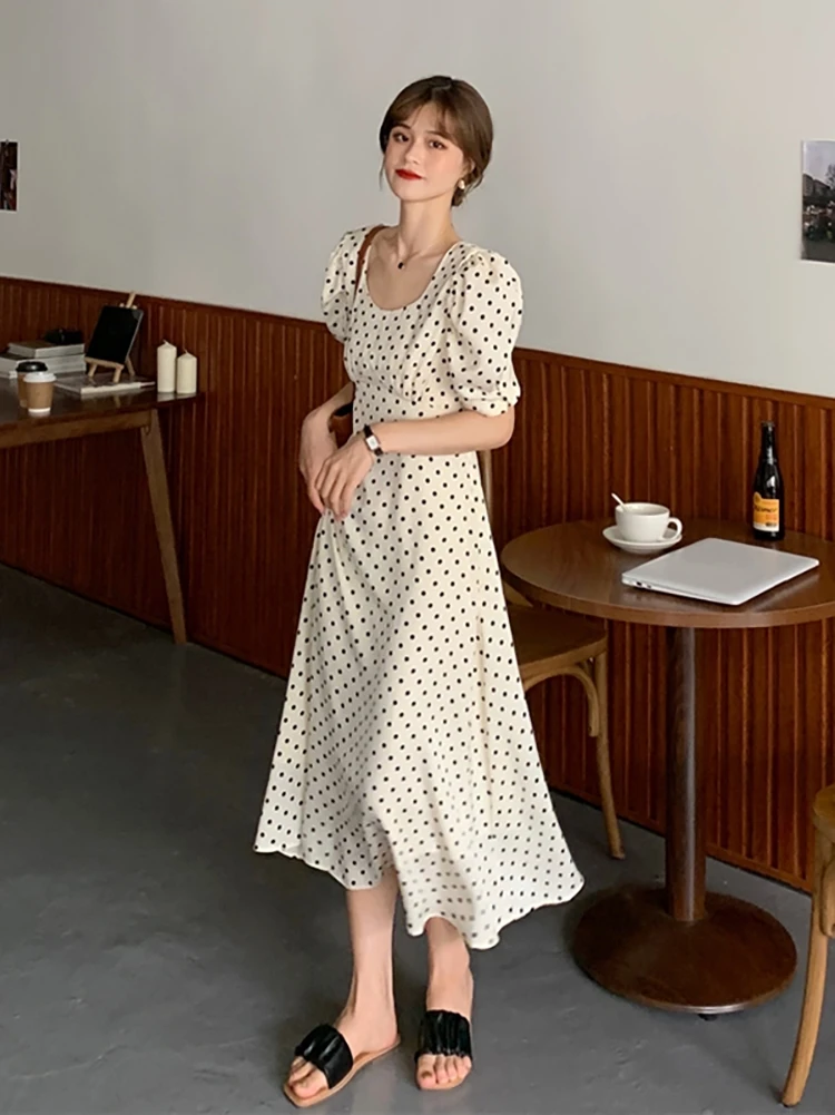 

Women Polka Dot Printed Pink Sweet Bodycon Dress Short Sleeve with Patchwork Midi Length Elegant Robe Dresses