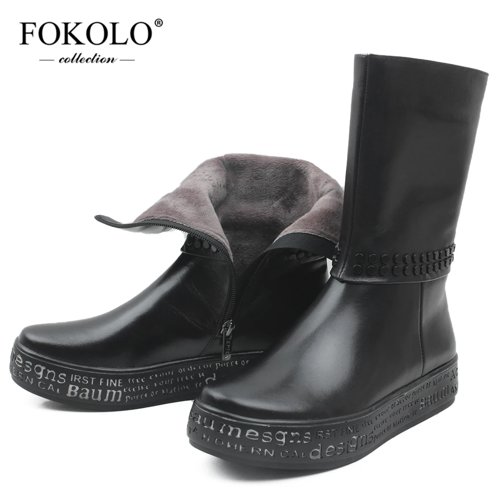 

FOKOLO/женские сапоги до середины икры; Новые сапоги из натуральной кожи с круглым носком; Зимняя водонепроницаемая женская обувь на платформе...