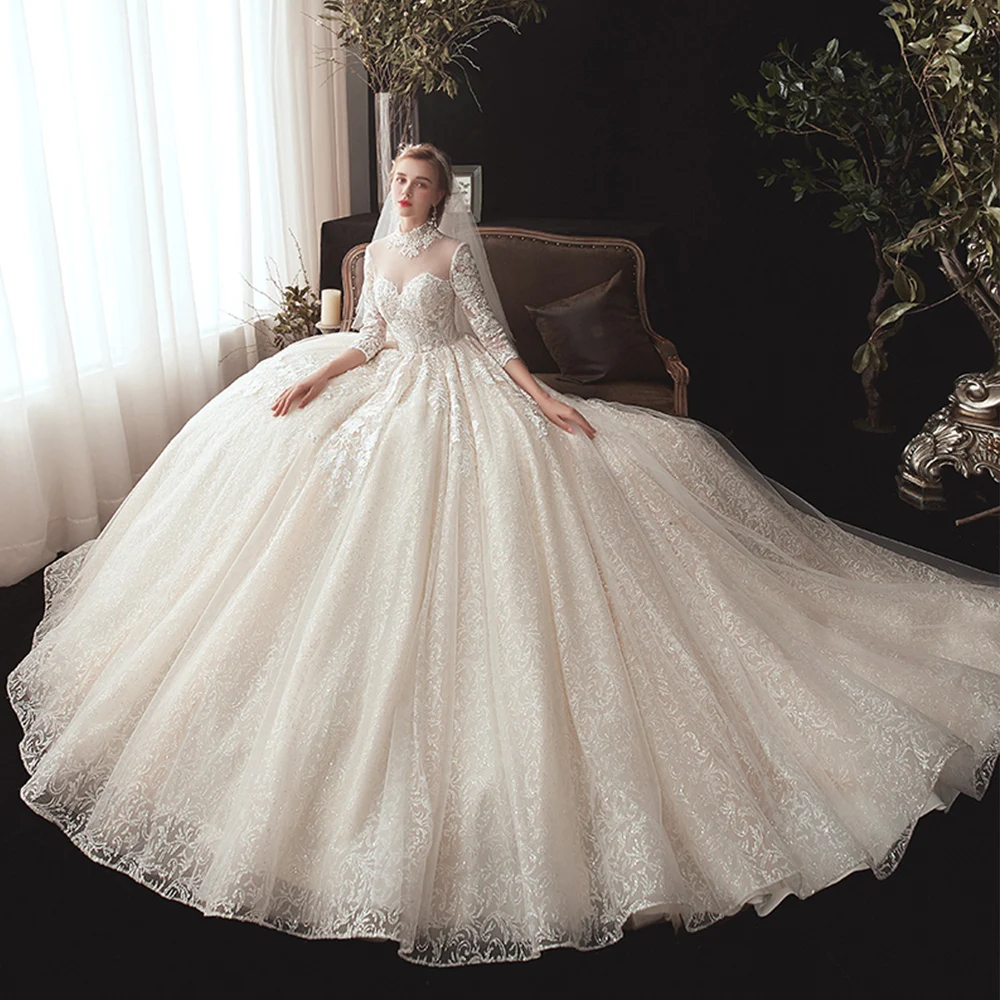 

Женское свадебное платье It's yiiya, Белое Бальное Платье с круглым вырезом и рукавами три четверти на лето 2019