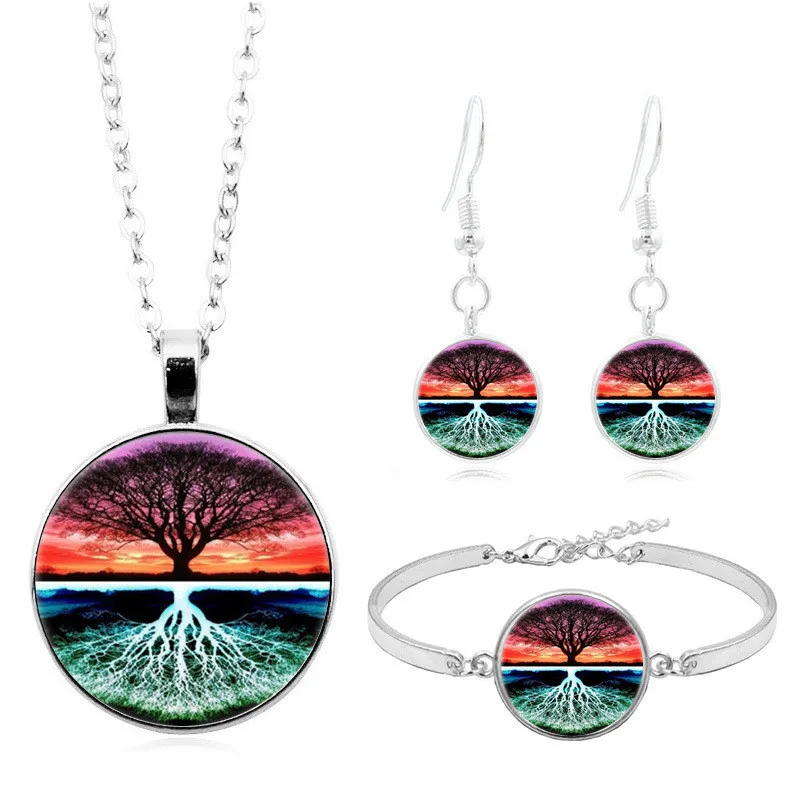 

Mysterious Tree of Life Glass Cabochon Necklace Stud Earrings Bracelet Bangle Set Totally 4Pcs Women's Jewelry Creative Gift