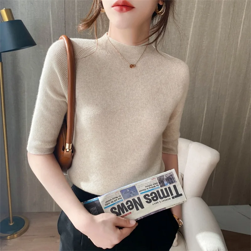 

Women's knitted cashmere turtleneck sweater, short sleeve sweater, tee, wool