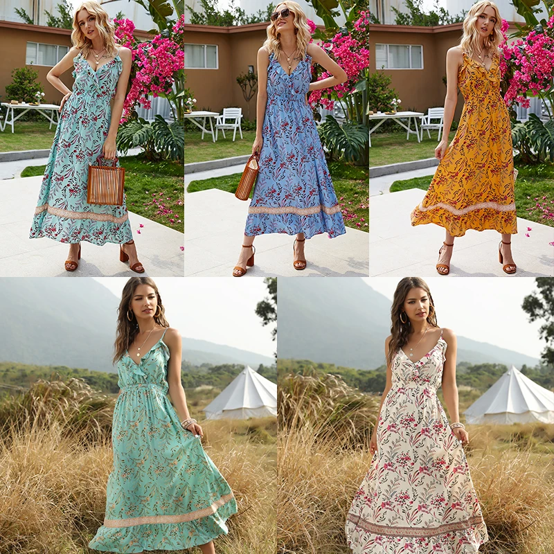 

Summer 2020 Elegant Floral Print Dresses Womens Casual Ruffled Deep V-neck Dress Suspenders Beach Sundresses Vintage Femme Robe