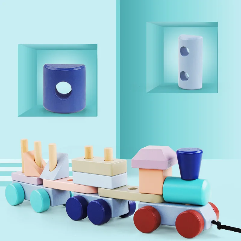 Wooden train building blocks Montessori toys infant dragging cart geometry cognitive education children birthday Christmas gift | Игрушки и