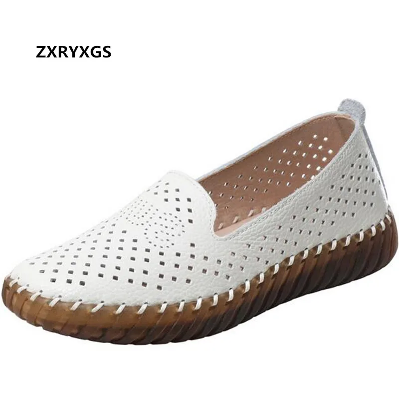 

Promotion 2021 New Summer Autumn Women Flats Breathable Genuine Leather Hole Hole Shoes Sandals Non-slip Soft Comfort Flat Shoes