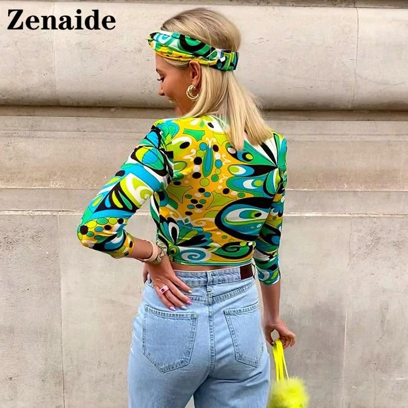 

Zenaide Sexy Ruched V Neck Long Sleeve Crop Top Autumn Summer Casual Print Vintage Beach Elegant T Shirt Women Fashion Y2K 90s