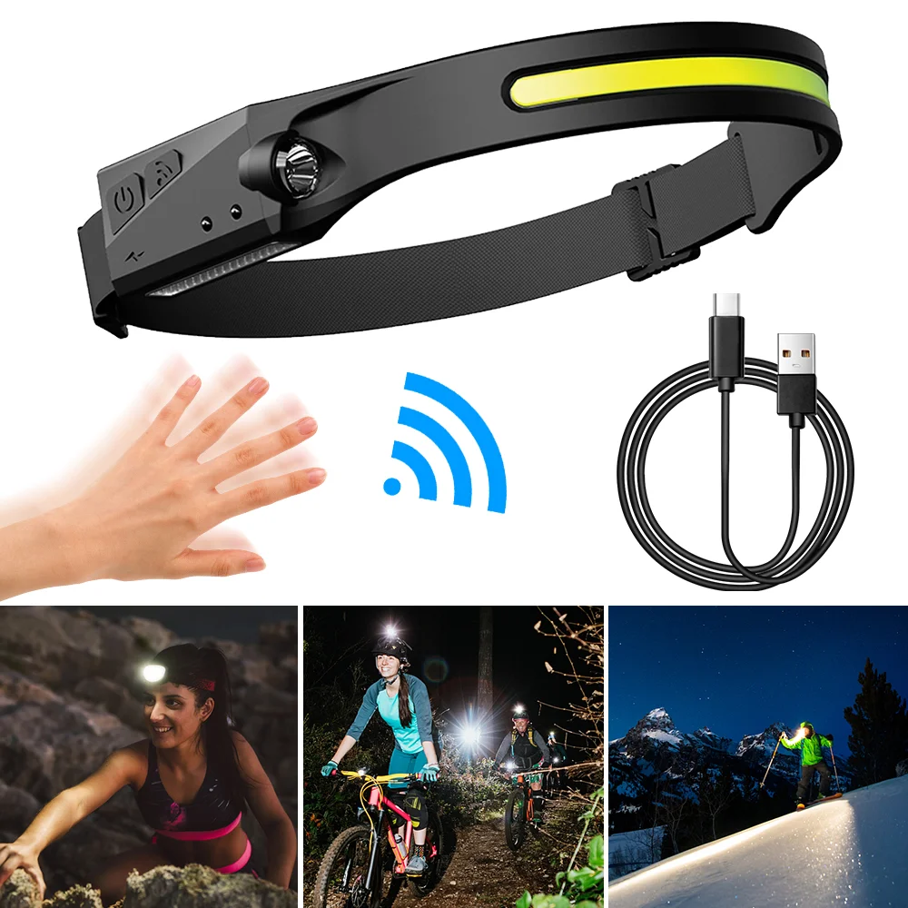 

USB COB LED Headlamp Sensor Headlight with Built-in Battery Flashlight Rechargeable Head Lamp Torch 5 Lighting Modes Work Light