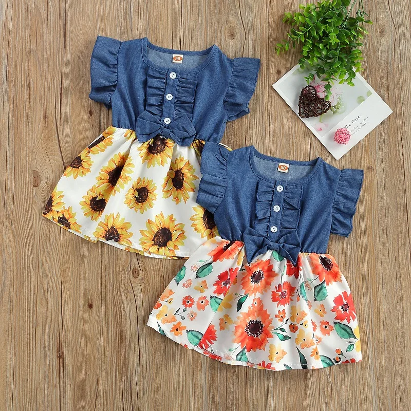 

3-18M Cute Newborn Baby Girl Summer Dress Denim Bow Patchwork Floral Dresses One Pieces Baby Clothes