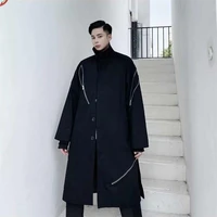 mens new windbreaker long coat black irregular zipper design urban youth fashion large size windbreaker coat