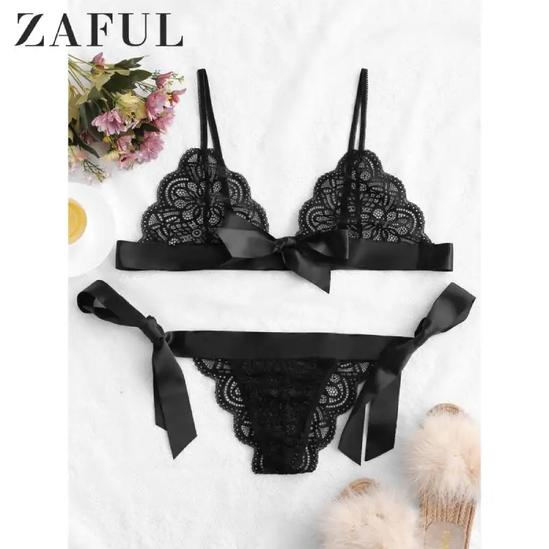 ZAFUL комплект кружевного нижнего белья с бантиком и завязками по бокам