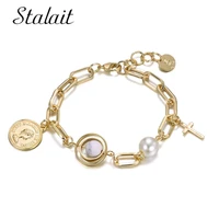 golden designer bling charms for bracelets head white natural stone cross pendant spherical pearl bracelet new