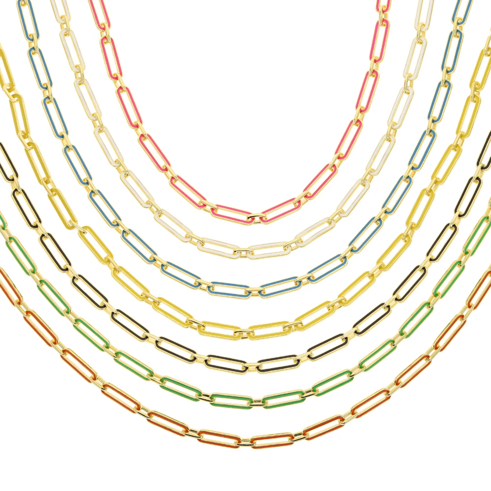 

7 Colors Neon Enamel Open Link Chain Geometric Women Choker Colorful Safety Pin Rectangle Link Chain Necklace
