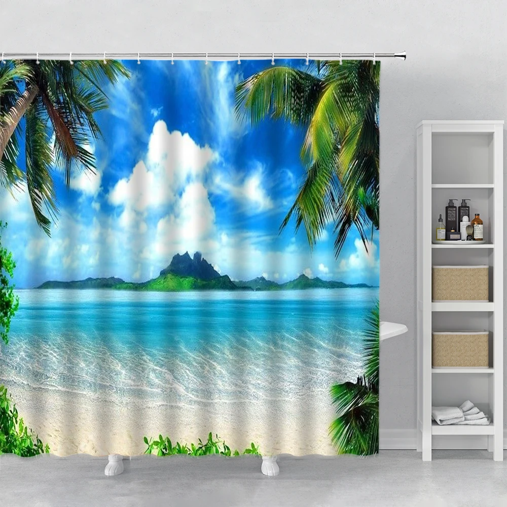 

Ocean Shower Curtain Beach Palm Tree Sea Scenery Bathtub Screen Nature Landscape Polyester Fabric Bathroom Curtains with Hooks