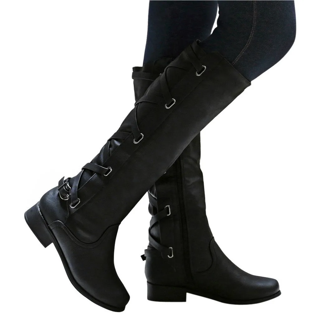 Обувь; женские ботинки; zapatos de mujer; женские ботинки; зимние высокие сапоги до колена с перекрестными ремешками; Теплая обувь в ковбойском стиле